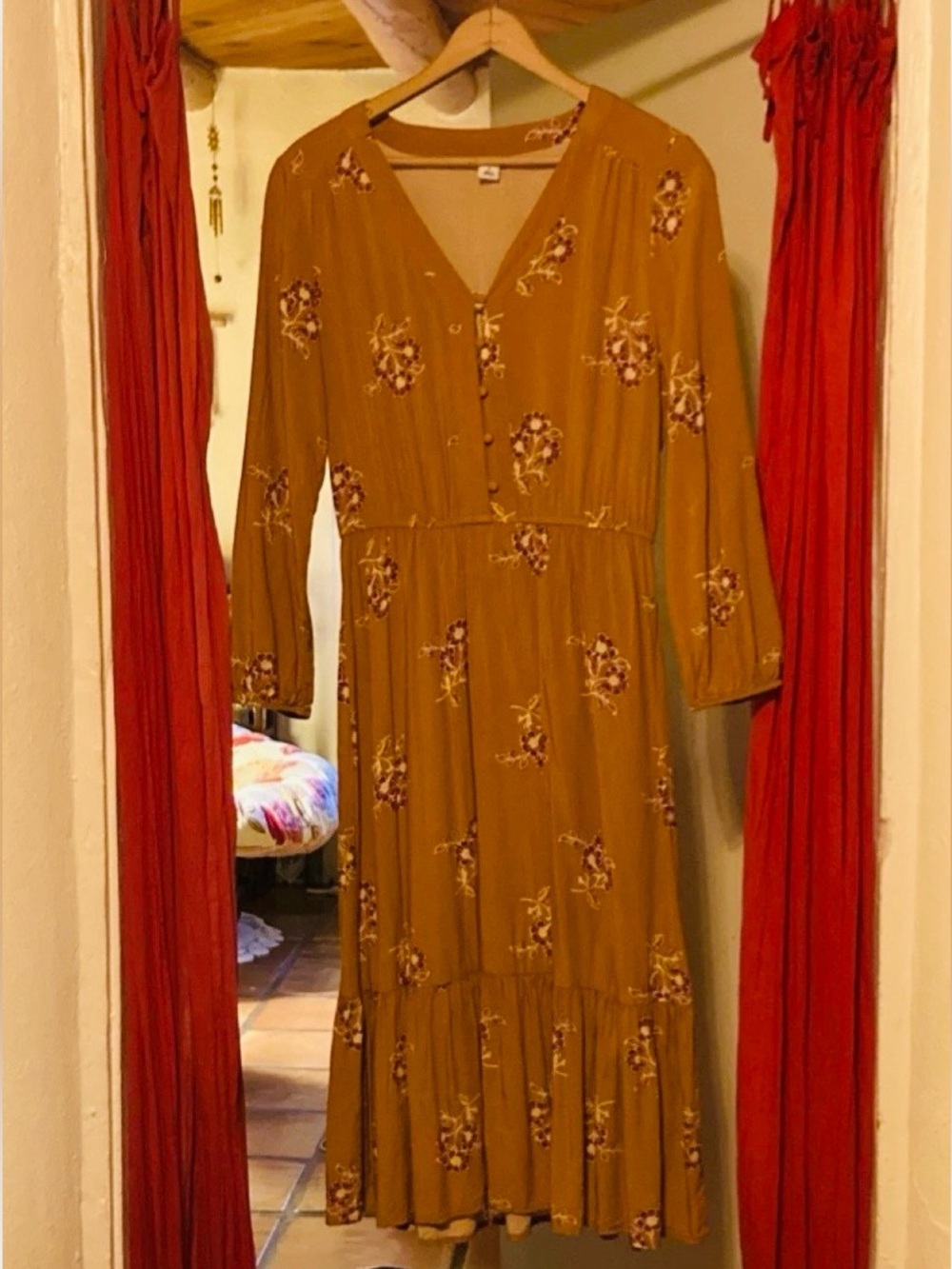 Old Navy Mustard Floral V-Neck MIDI Dress